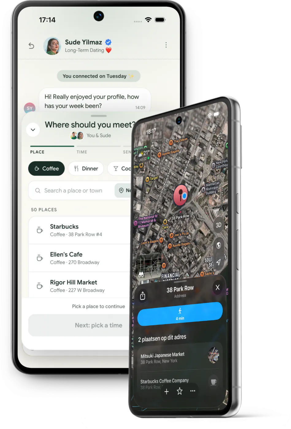 Two Android phones showing a meetup planning panel and a map with a chosen place