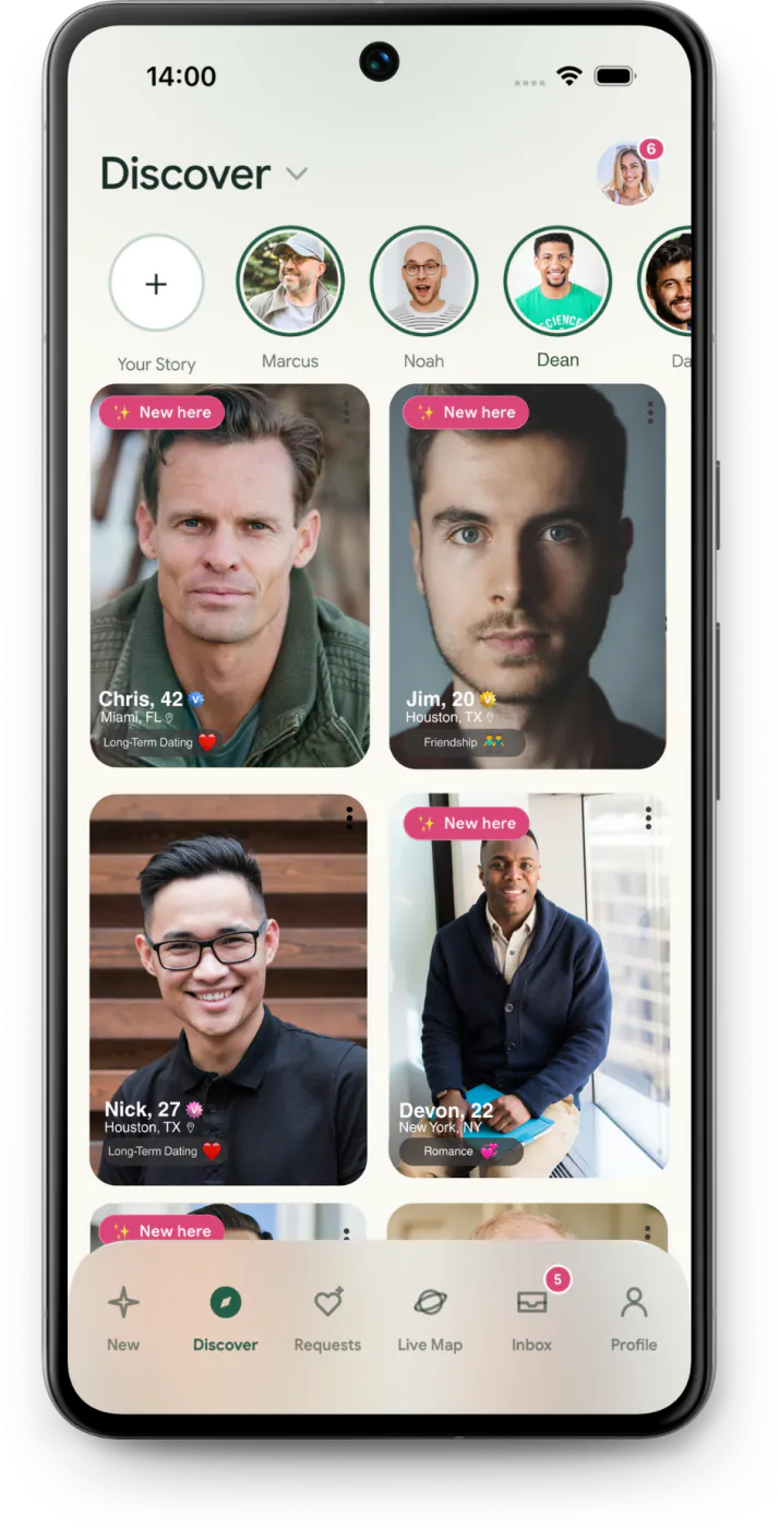 Android Discover grid showing men with different connection intentions