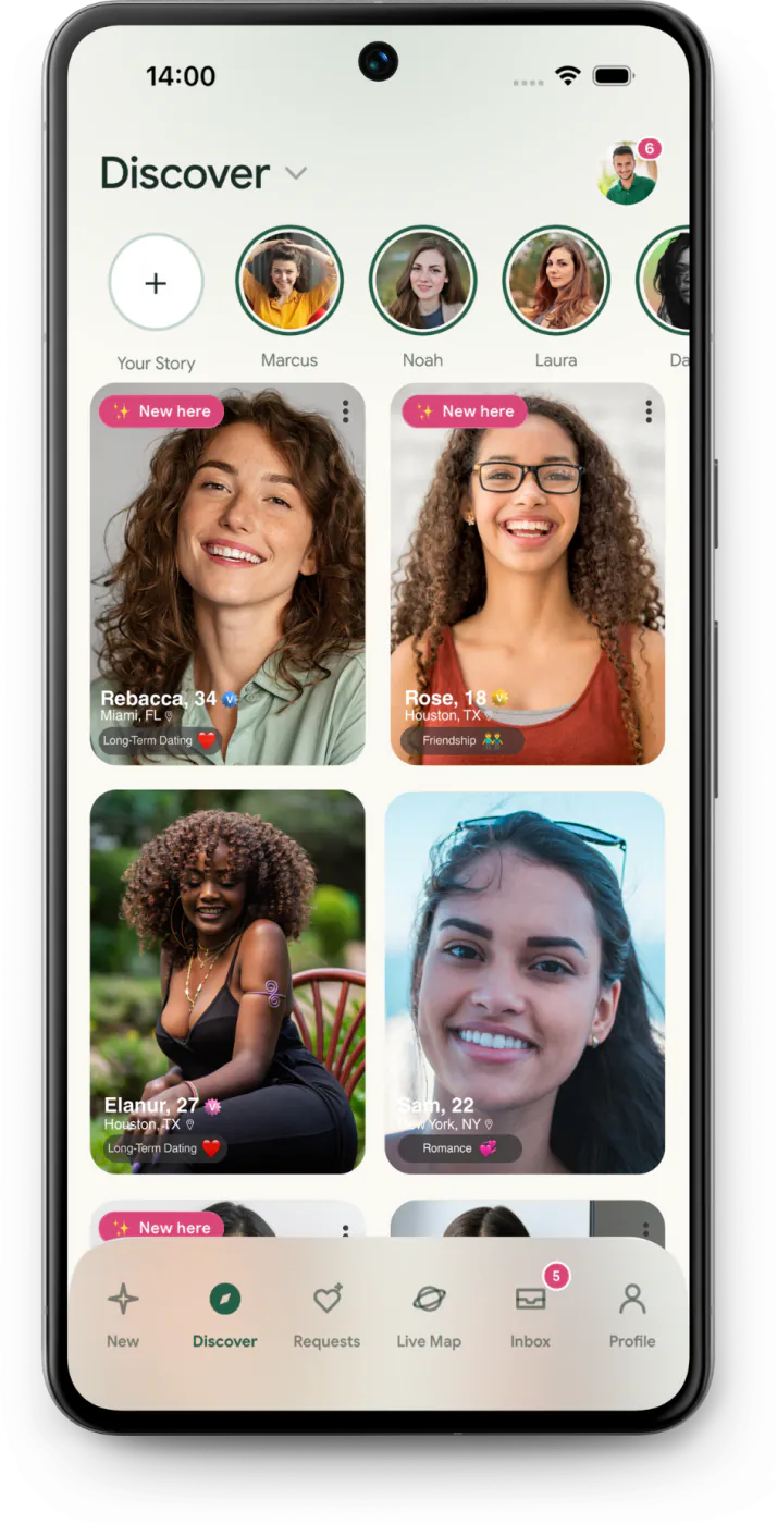 Android Discover grid showing women with different connection intentions
