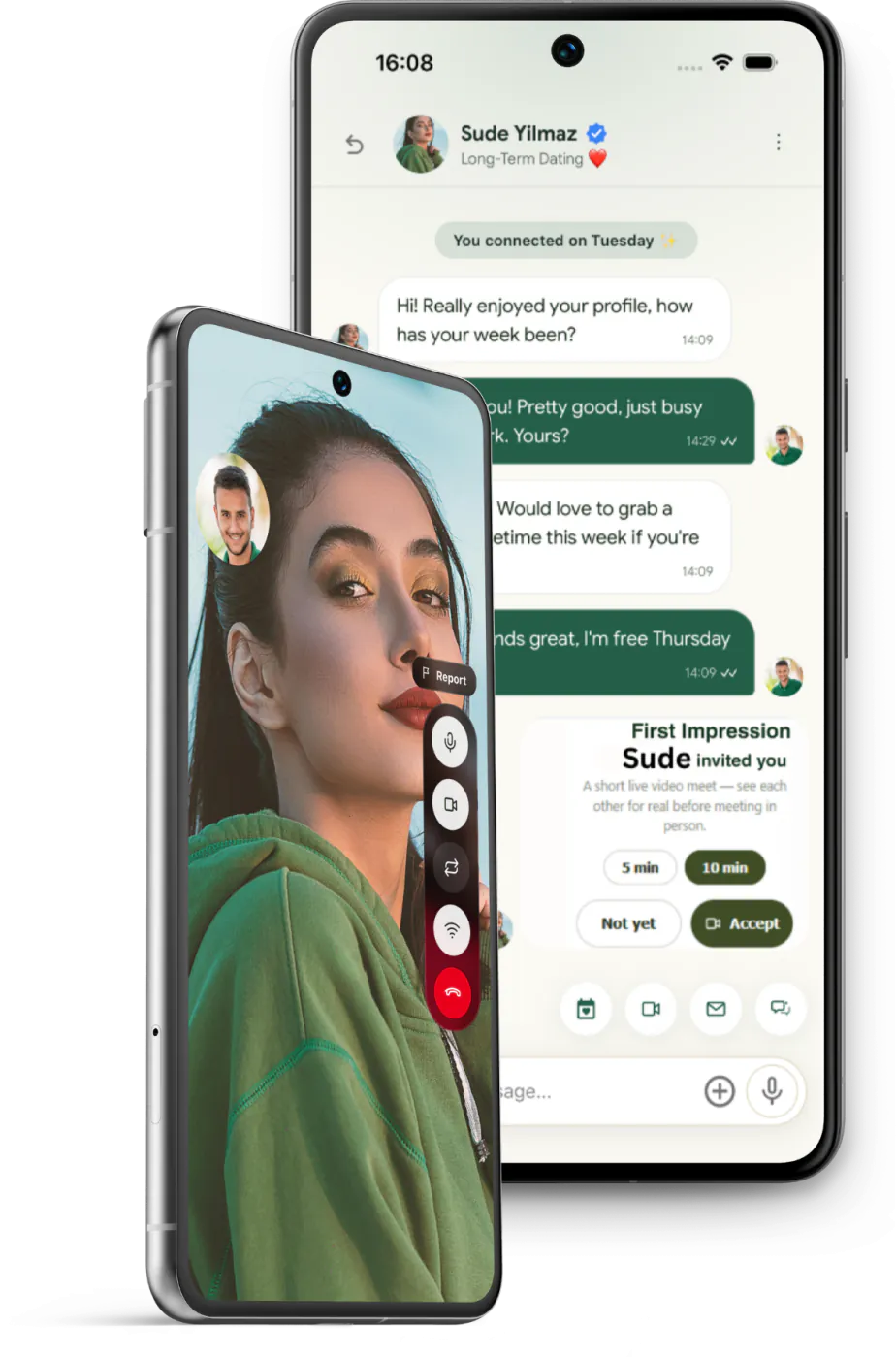 Two Android phones showing a First Impression invitation and video call
