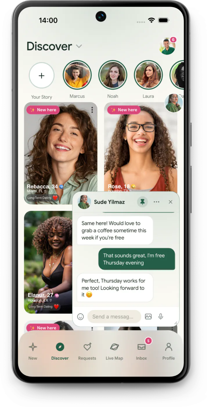 Android Discover grid with a floating conversation in front