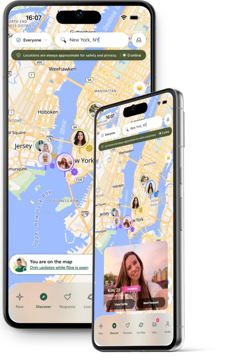 Two Android phones displaying the Live Map and a nearby profile