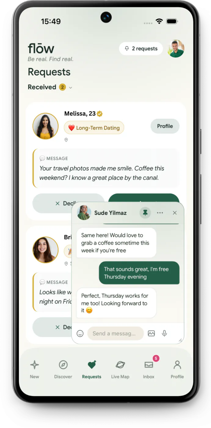 Android requests screen with personal messages and an open floating chat