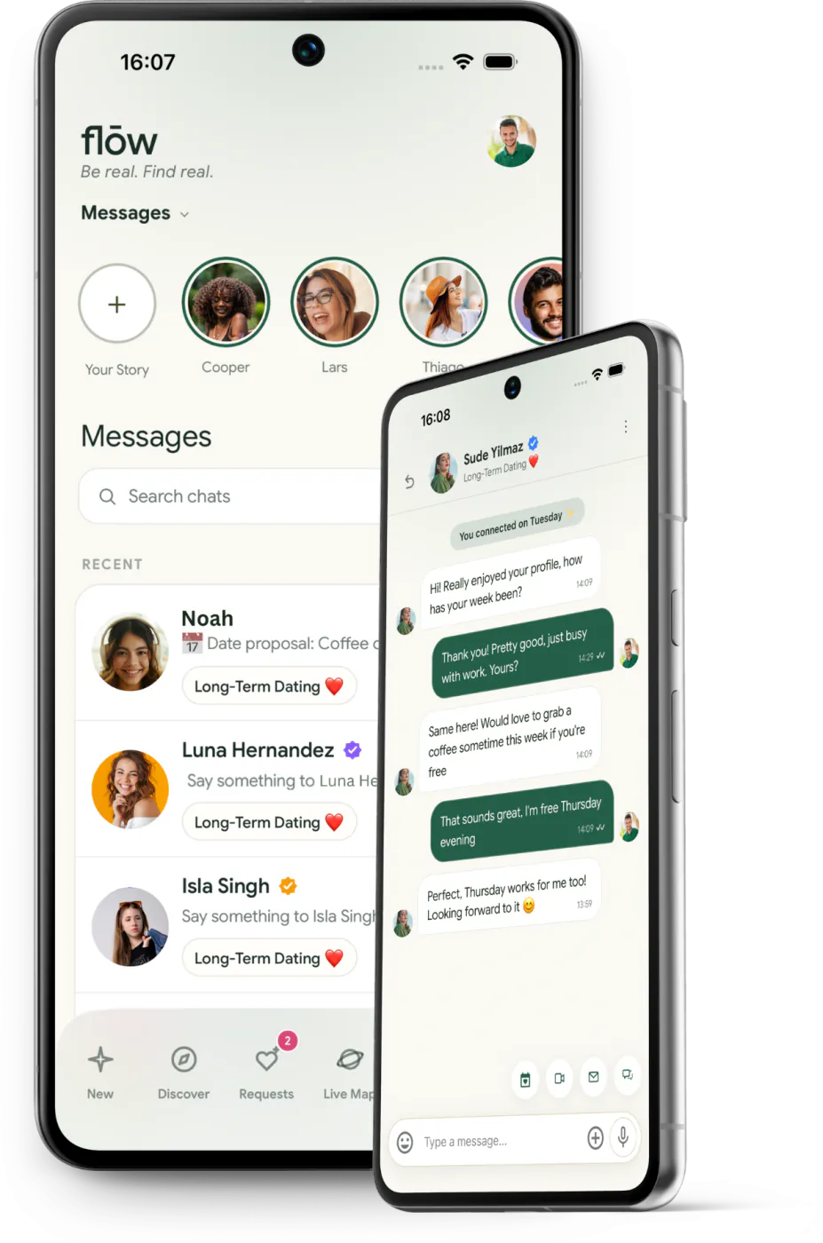 Two Android phones showing the inbox and a conversation