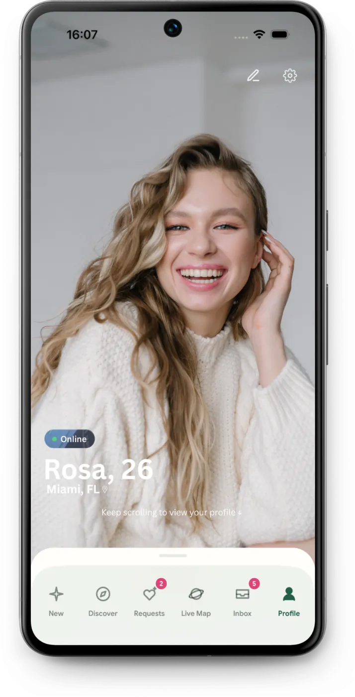 Android profile screen with a large portrait and profile details below