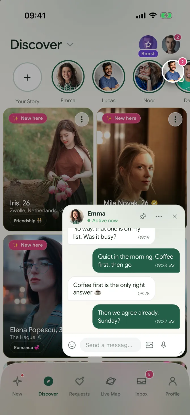 A floating chat window over Discover in the flōw app