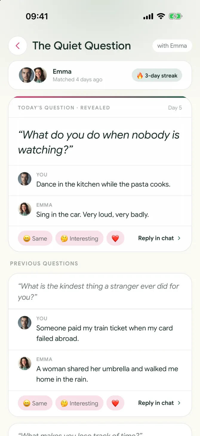 The Quiet Question in the flōw app with both answers revealed