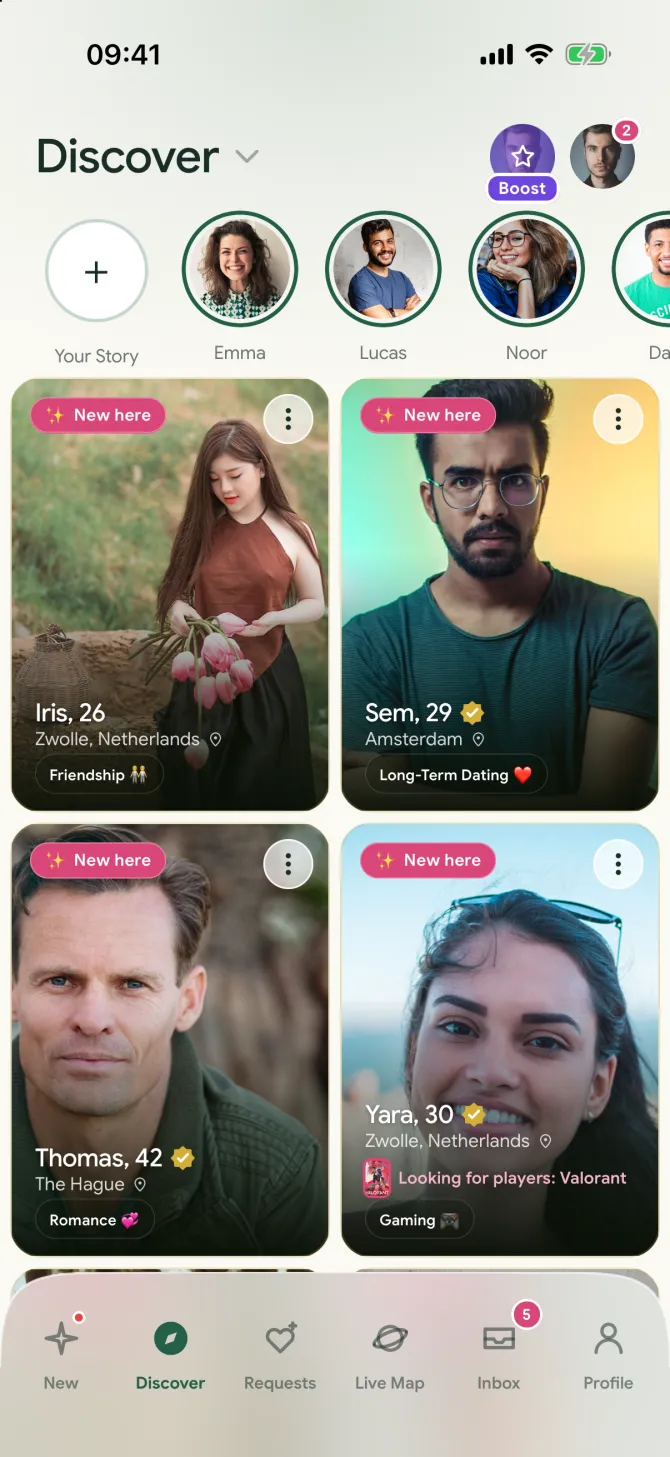 Discover in the flōw app, a grid of men and women with Stories above