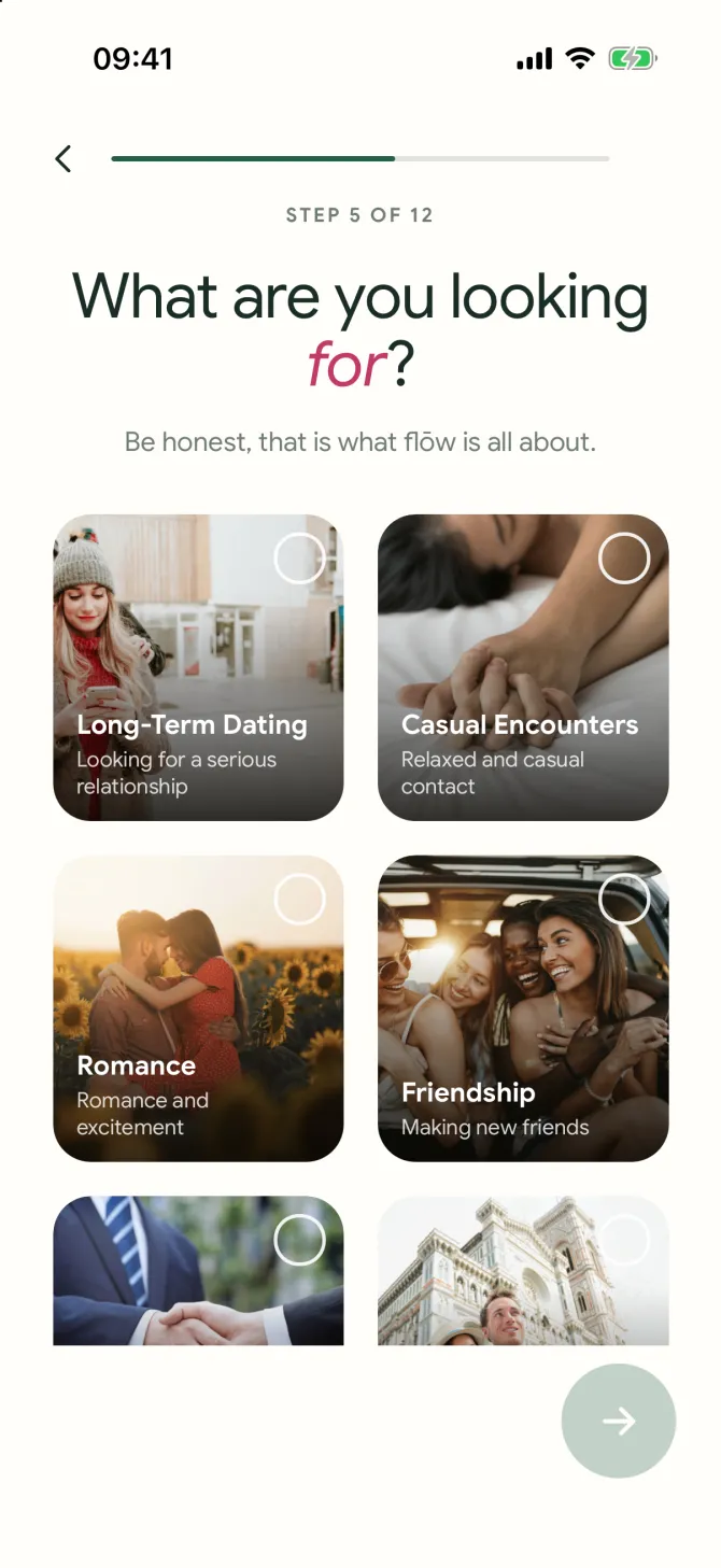 Choosing an intention during sign-up in the flōw app