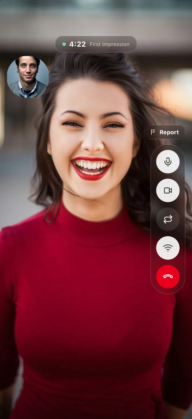 A First Impressions video call in the flōw app with a timer and a report button