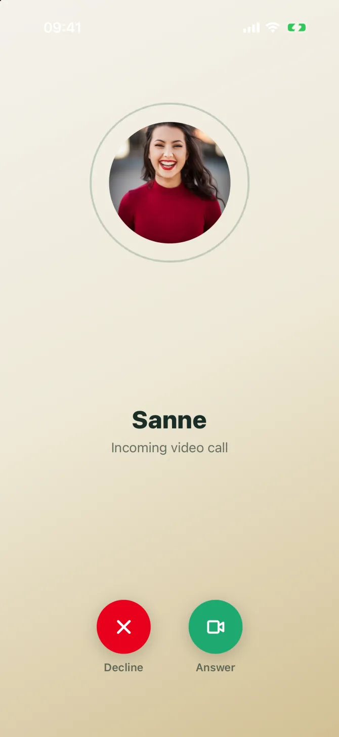 An incoming First Impressions video call in the flōw app
