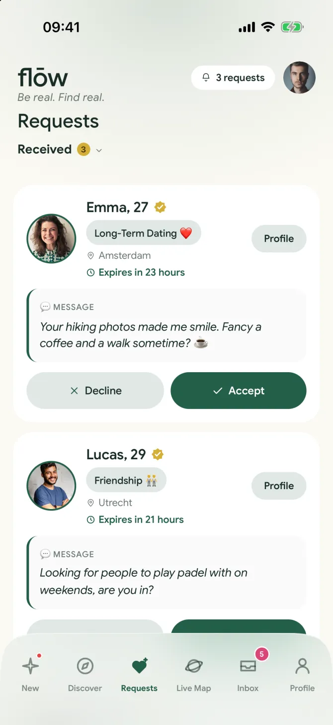 Meet Requests you received in the flōw app, with Accept and Decline
