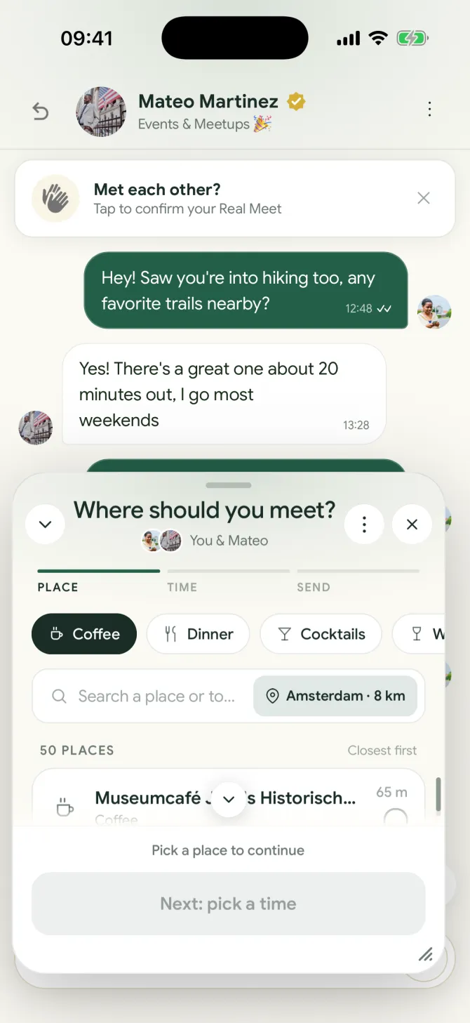 The date planner floating over a chat in the flōw app