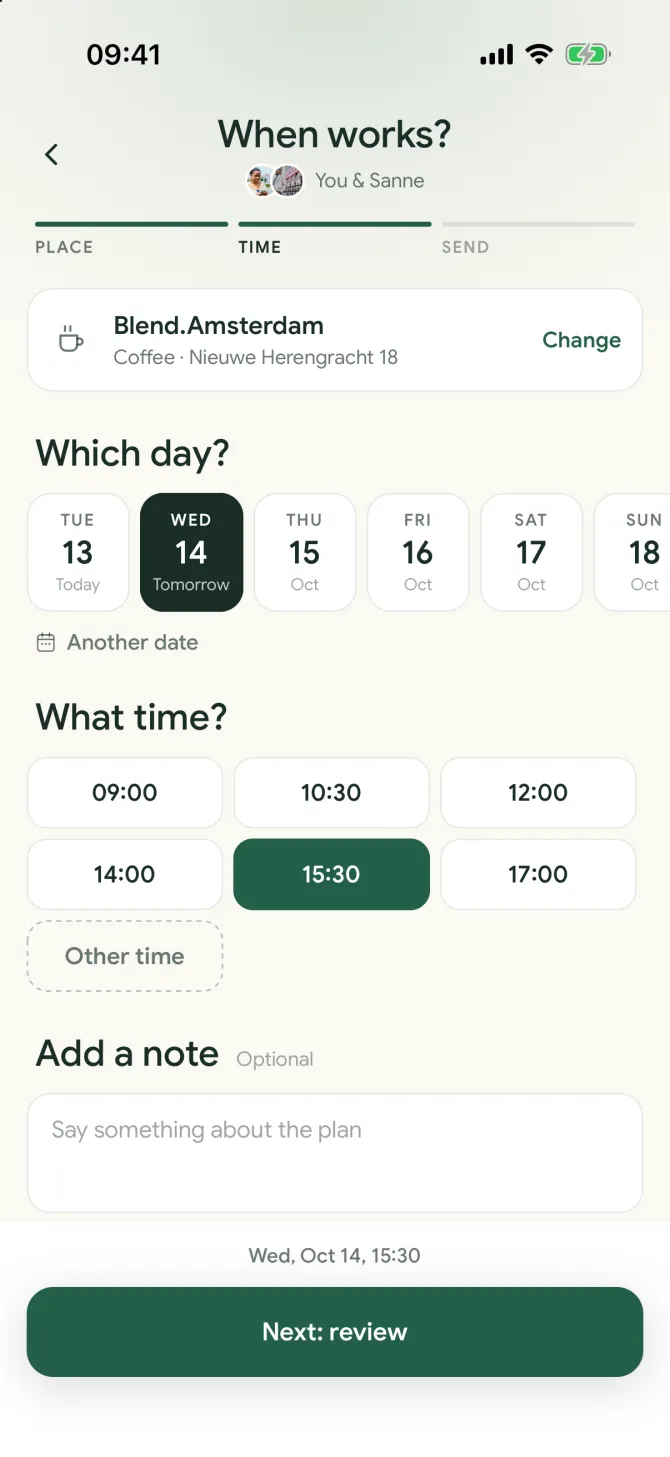 Choosing a time in the flōw date planner