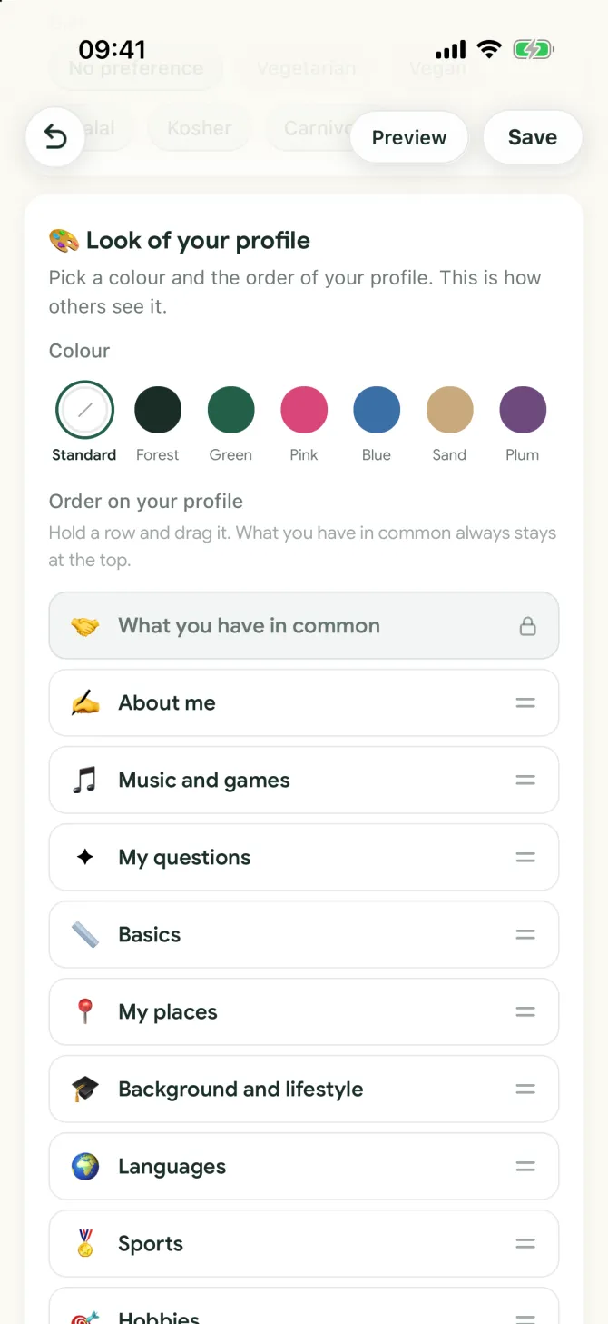 Choosing a colour and the order of profile blocks in the flōw app