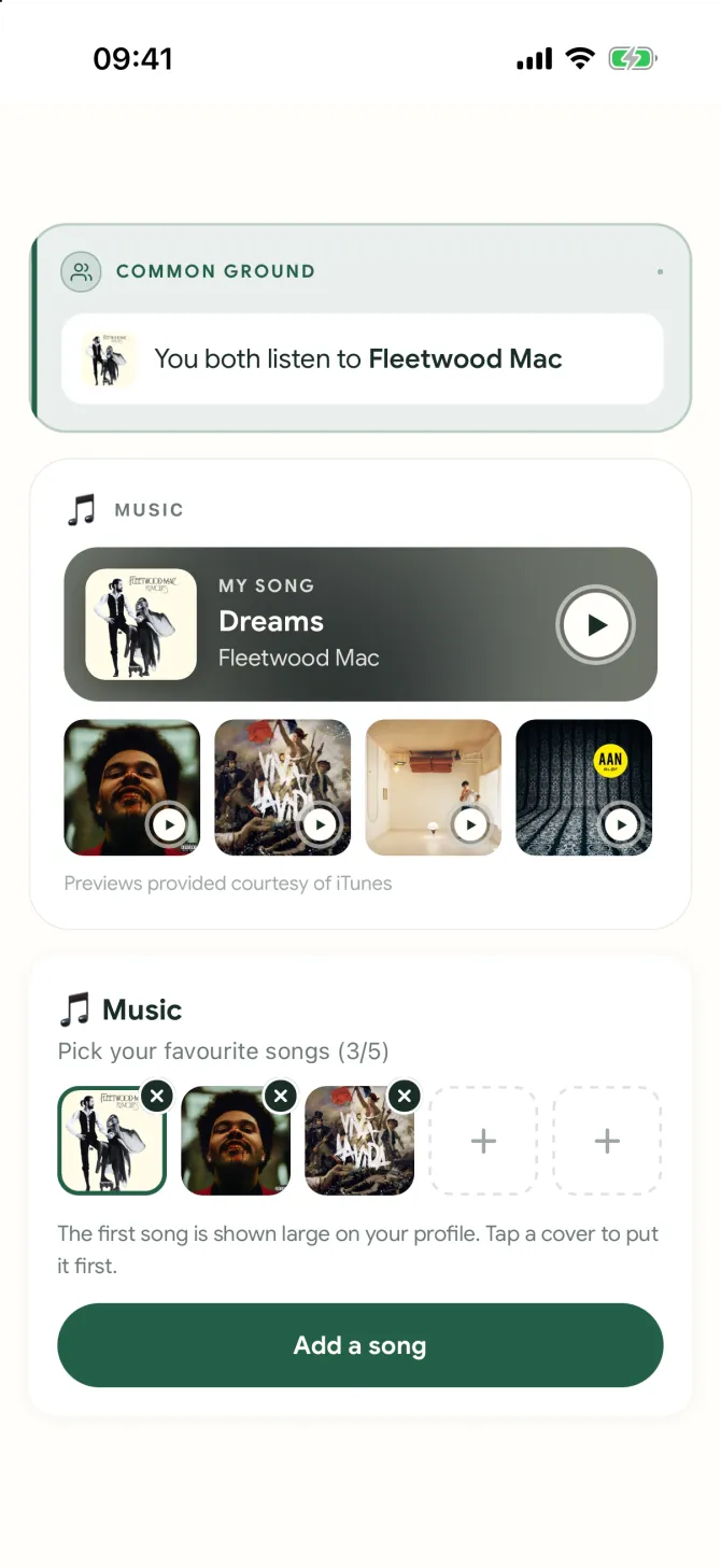 Music on a profile in the flōw app, with common ground and five songs