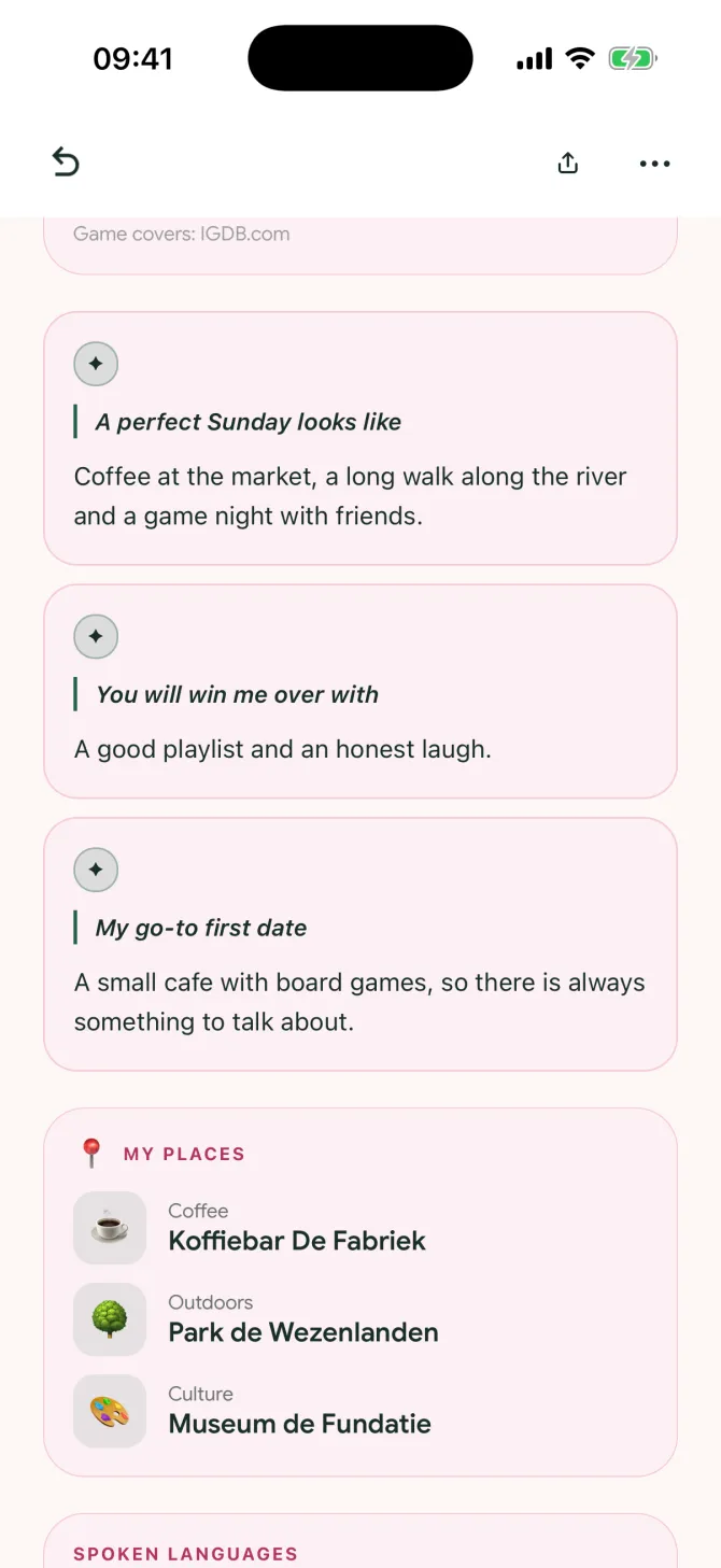 Three questions and favourite places in a pink profile colour in the flōw app