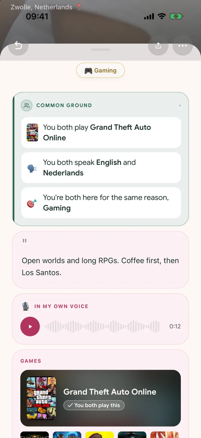 A voice intro on a profile in the flōw app