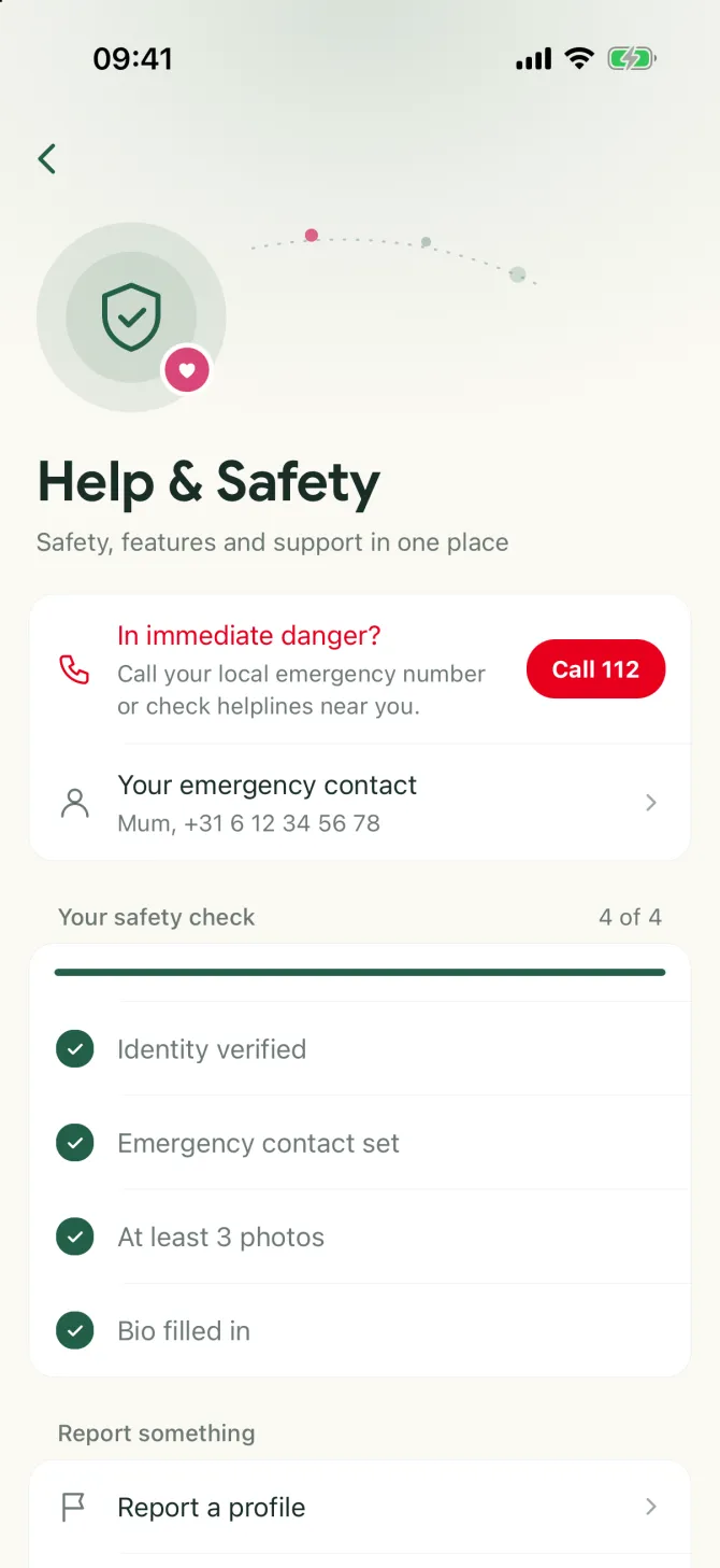 The Help and Safety centre in the flōw app