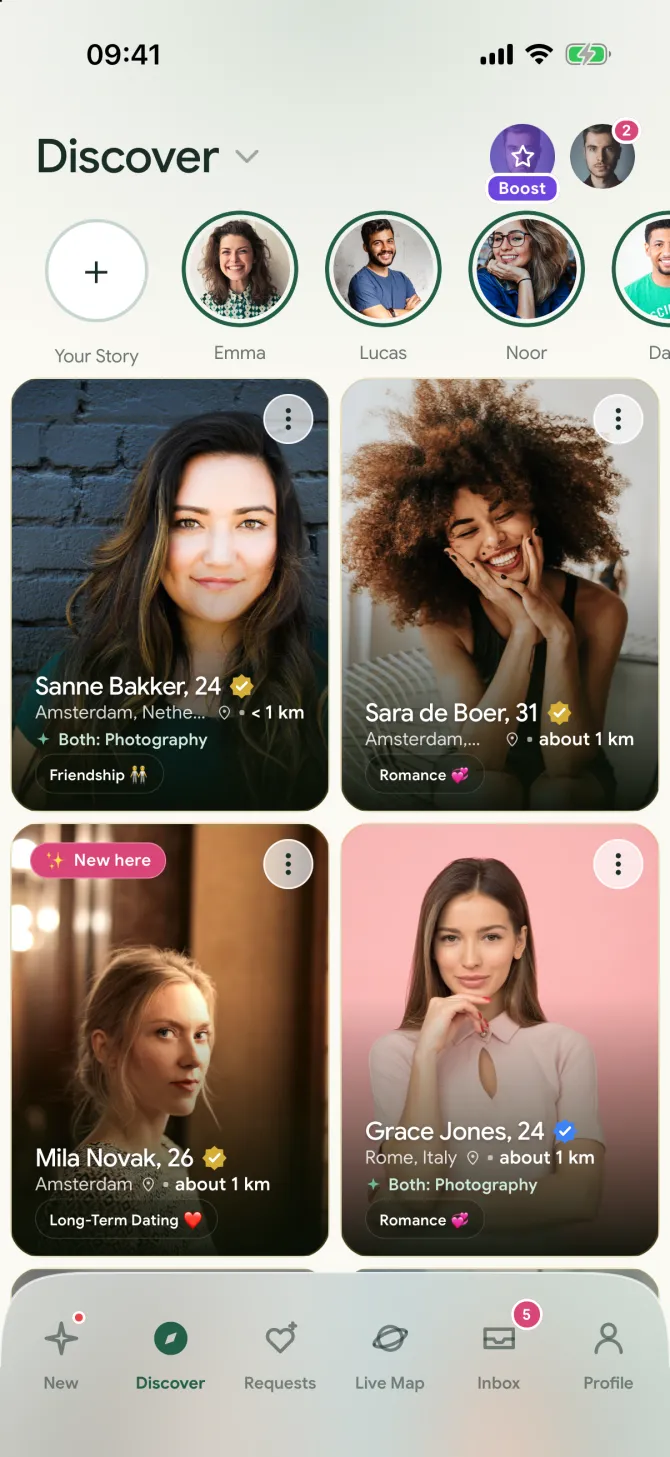 The Discover screen in the flōw app with a row of Stories above the profiles