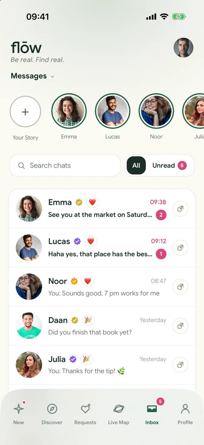The Messages screen in the flōw app with Stories from connections above the chats