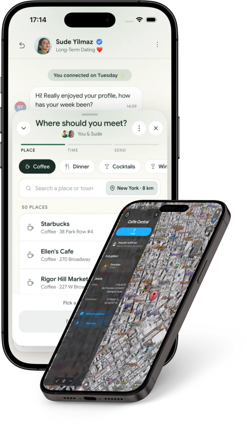 iPhone planning panel for choosing a meeting place beside a map