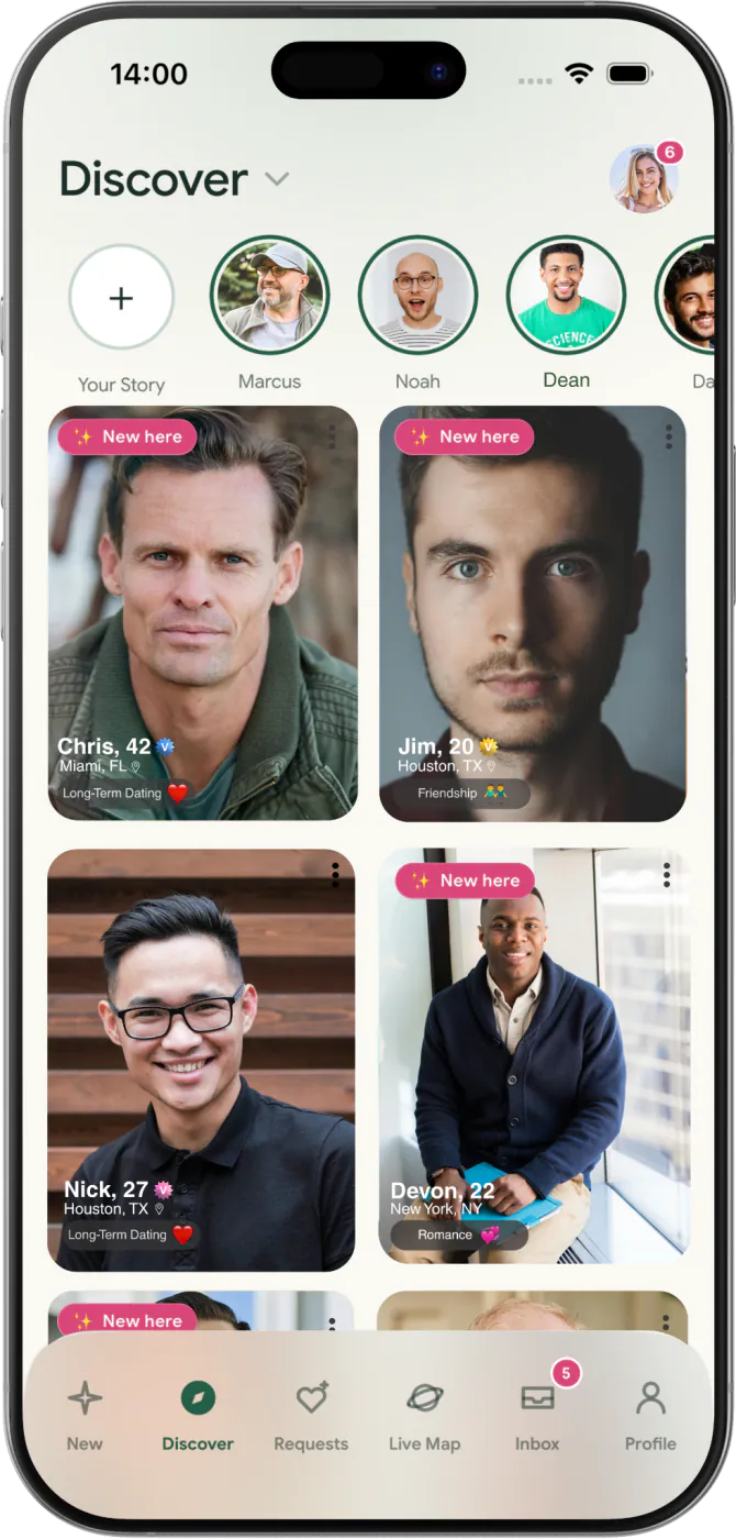 flōw Discover screen showing a grid of example profiles