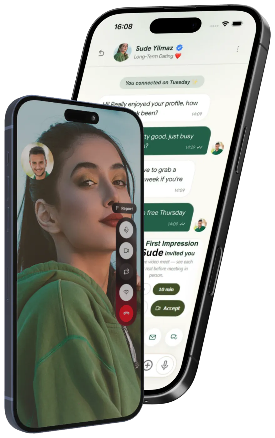 Two iPhones showing a First Impression video call and its invitation in chat