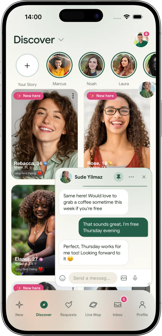 iPhone Discover grid with a floating conversation over the profiles
