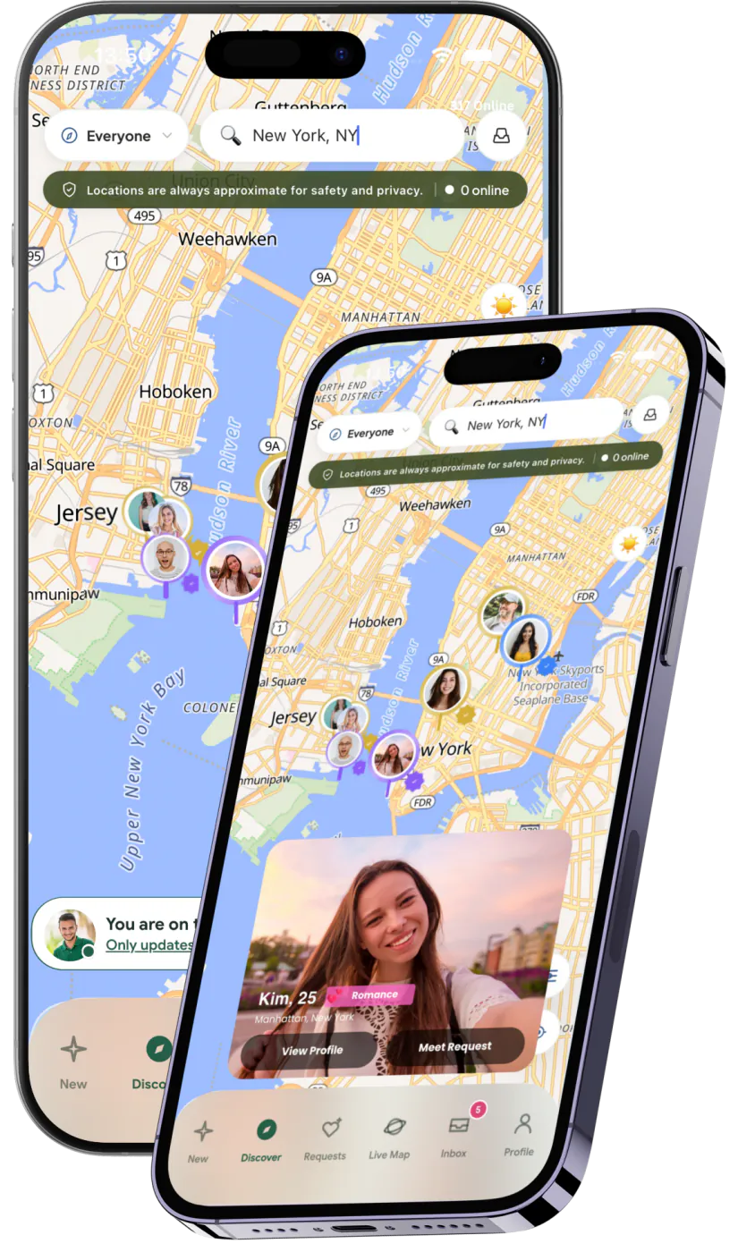 Two iPhones showing flōw Live Map with approximate member locations