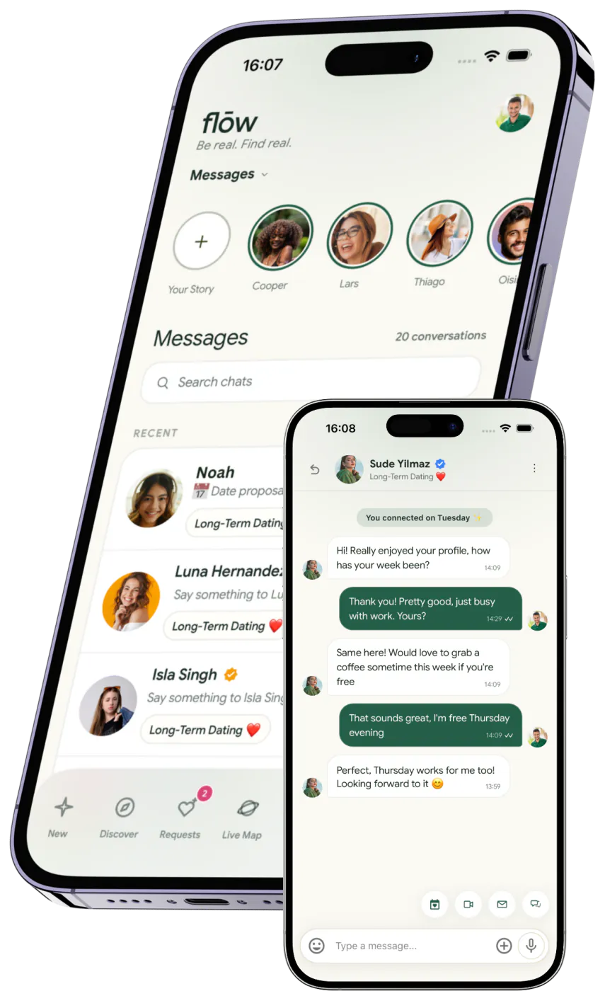 Two iPhones showing the flōw inbox and a conversation