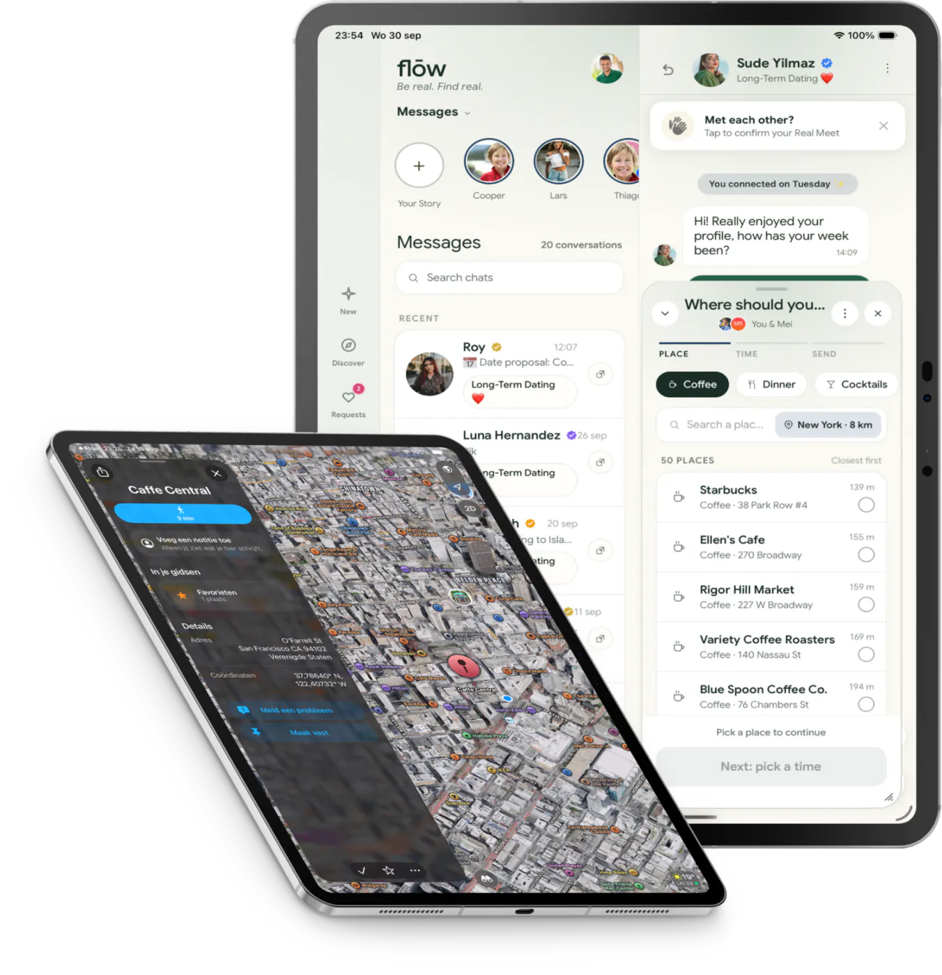 Two tablet views showing the activity planner and a chosen place on a map
