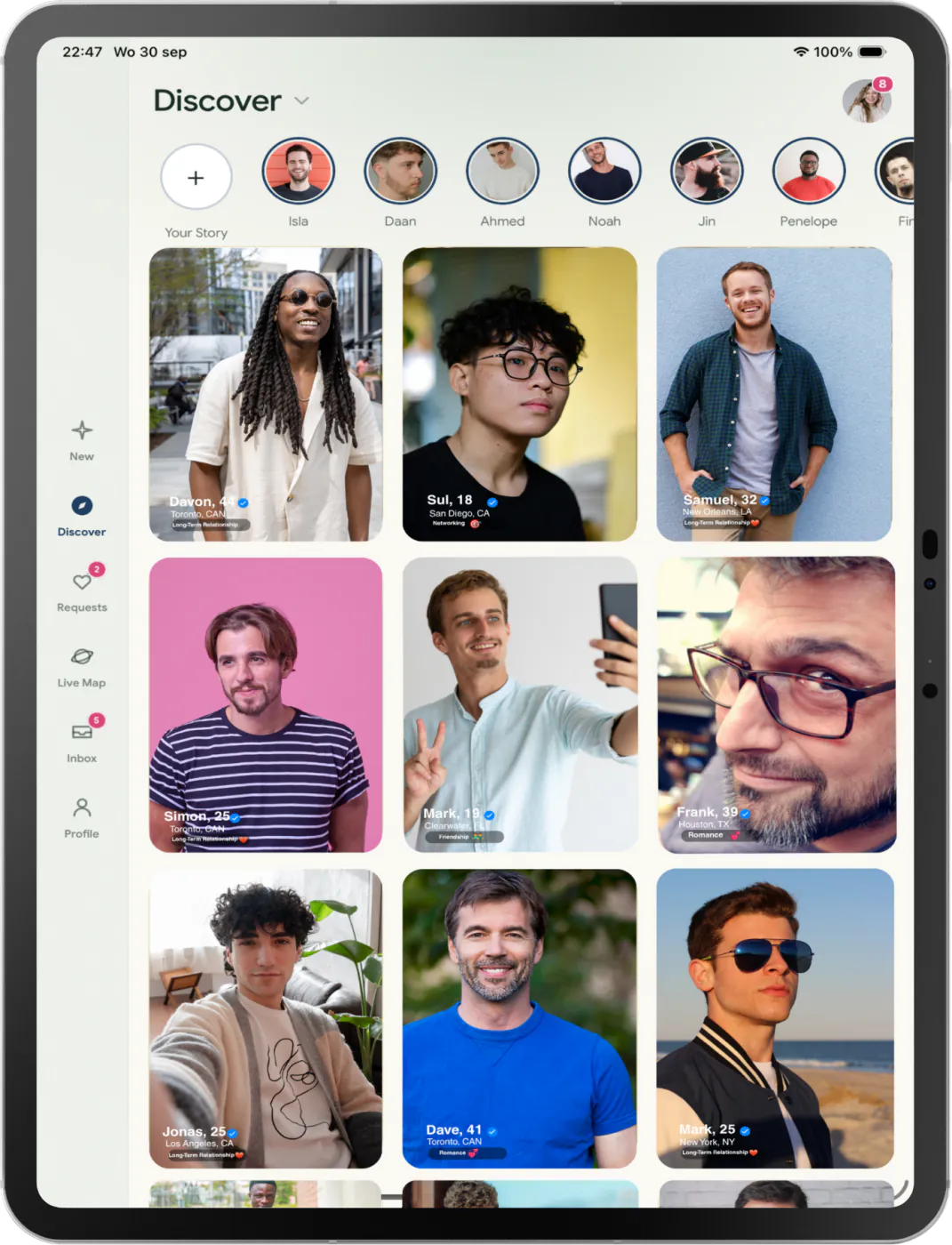 Tablet Discover grid showing men with varied connection intentions