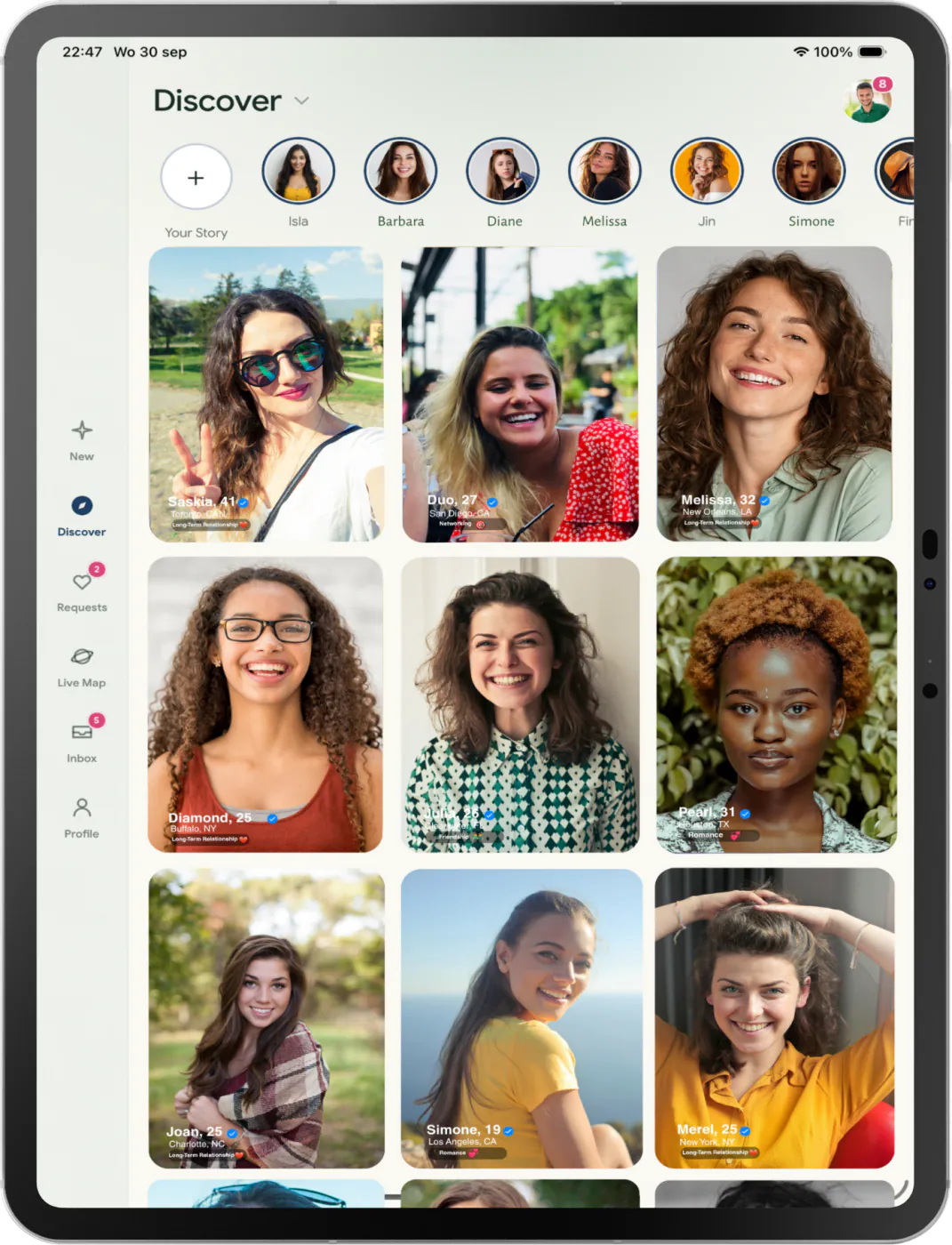 Tablet Discover grid showing women, stories, and connection intentions