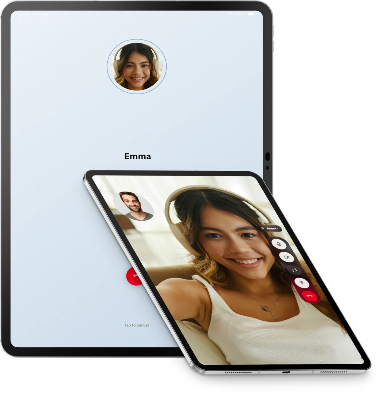 Two tablet views showing a First Impression video call