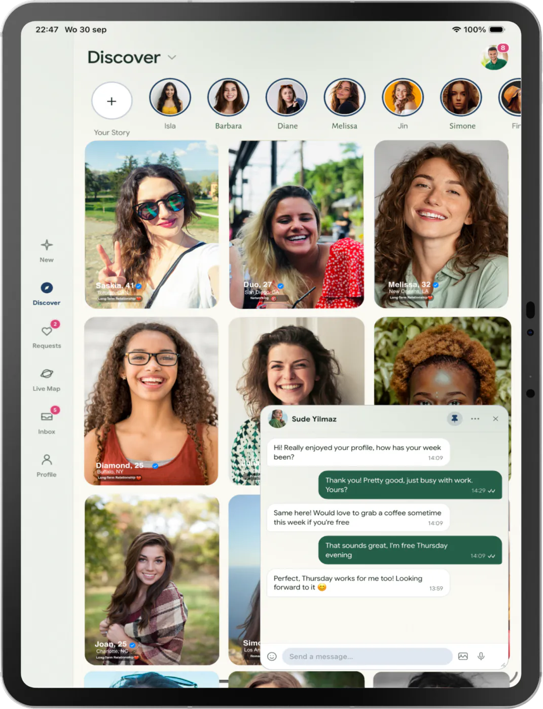 Tablet Discover grid with a floating conversation over profiles