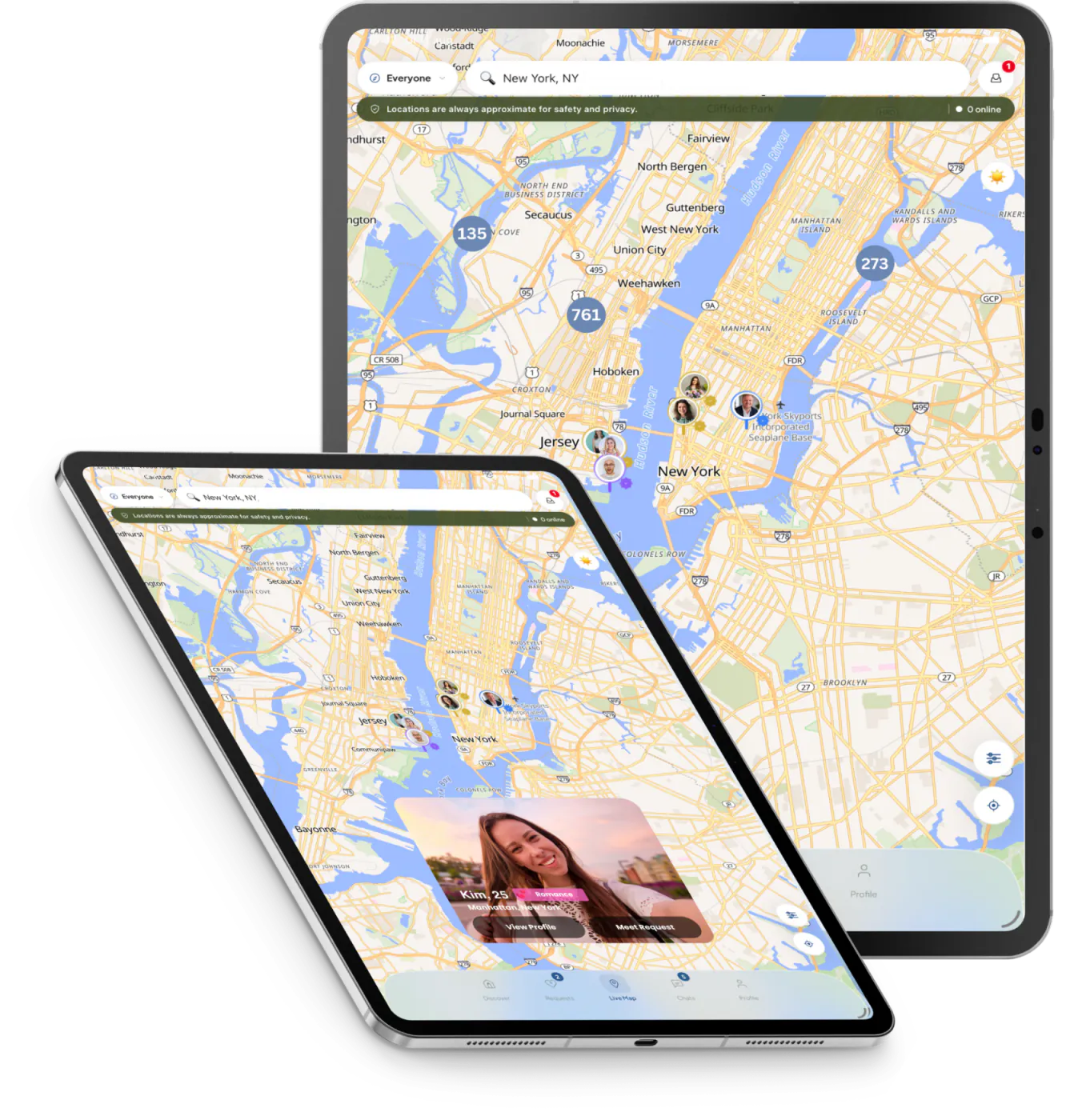 Two tablet views of the Live Map with approximate nearby profiles