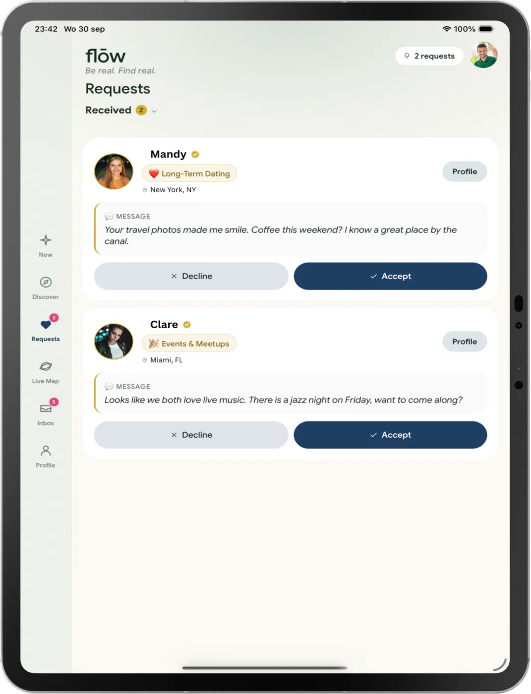 Tablet Requests screen with two personal Meet Requests and response choices
