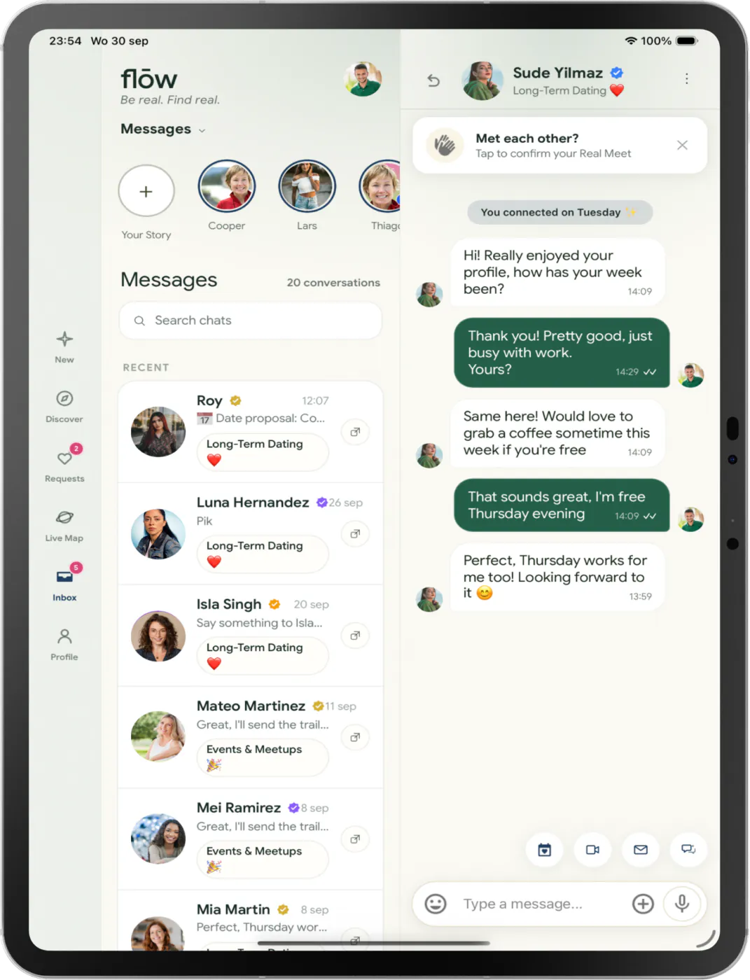 Tablet inbox beside a full conversation in a split view