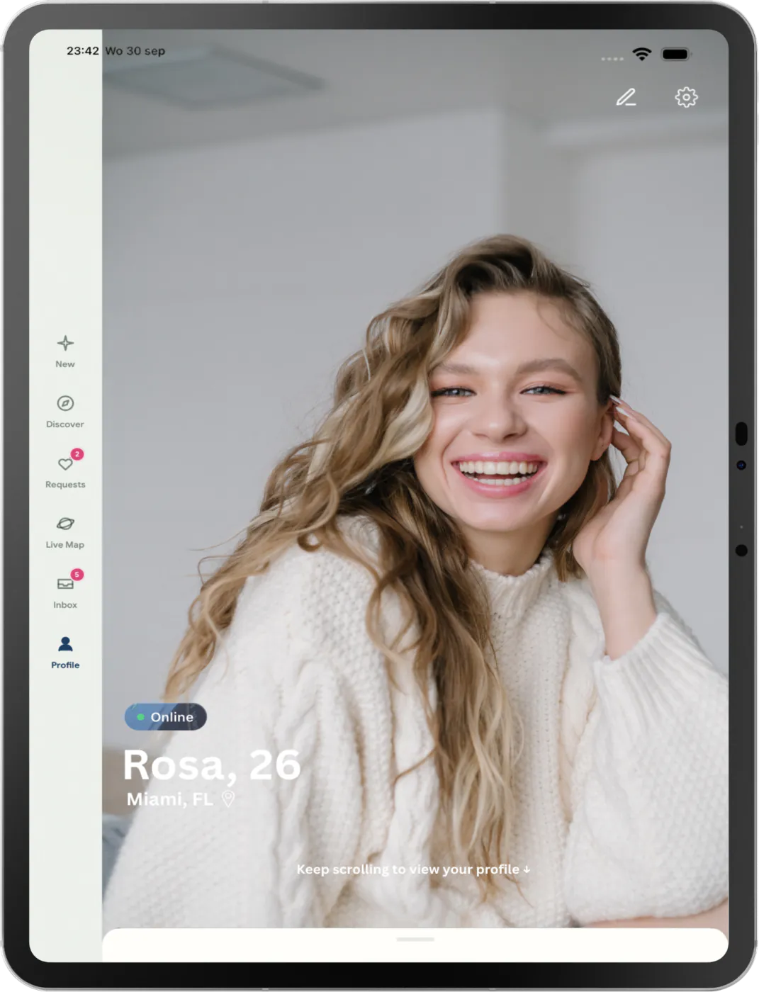 Tablet profile view with a large portrait and profile details below